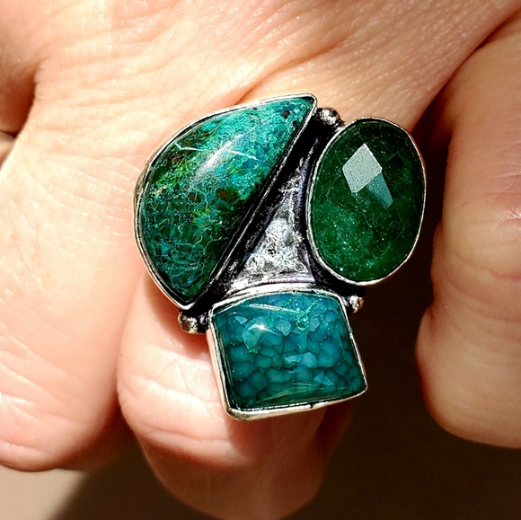 New Chrysocolla, Dragon Veins Agate, Emerald 925 Silver Ring. - Picture 2 of 16